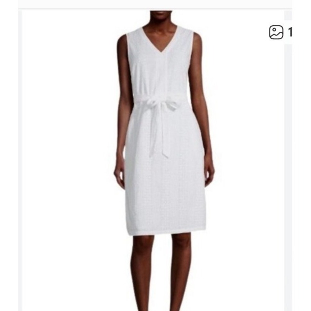 Liz Claiborne White Eyelet belted Shift dress Women SZ L pockets Beachy Vacation